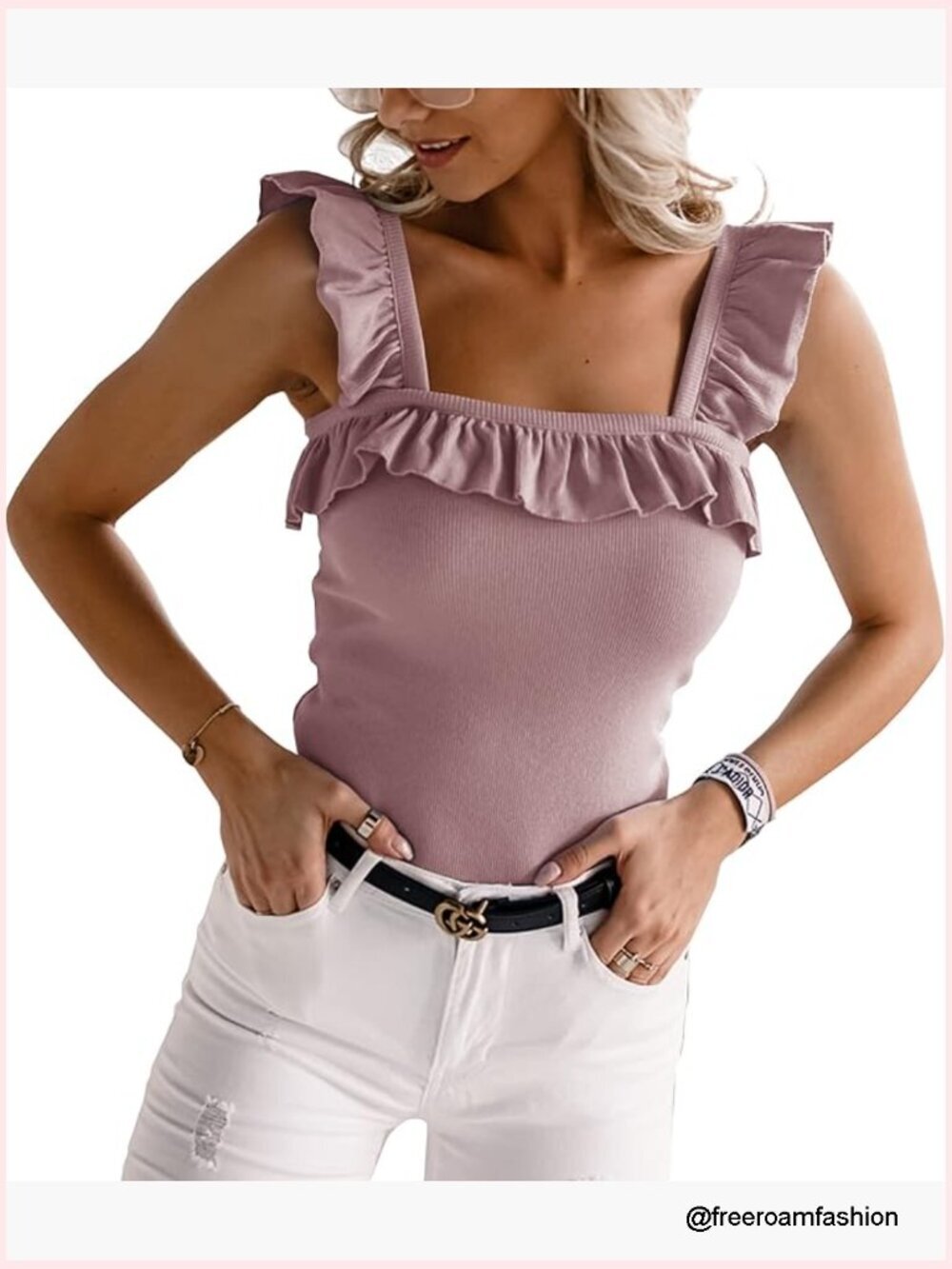 Sleeveless Square Neck Ruffle Tank Top Knitted Camisole Summer Outfit